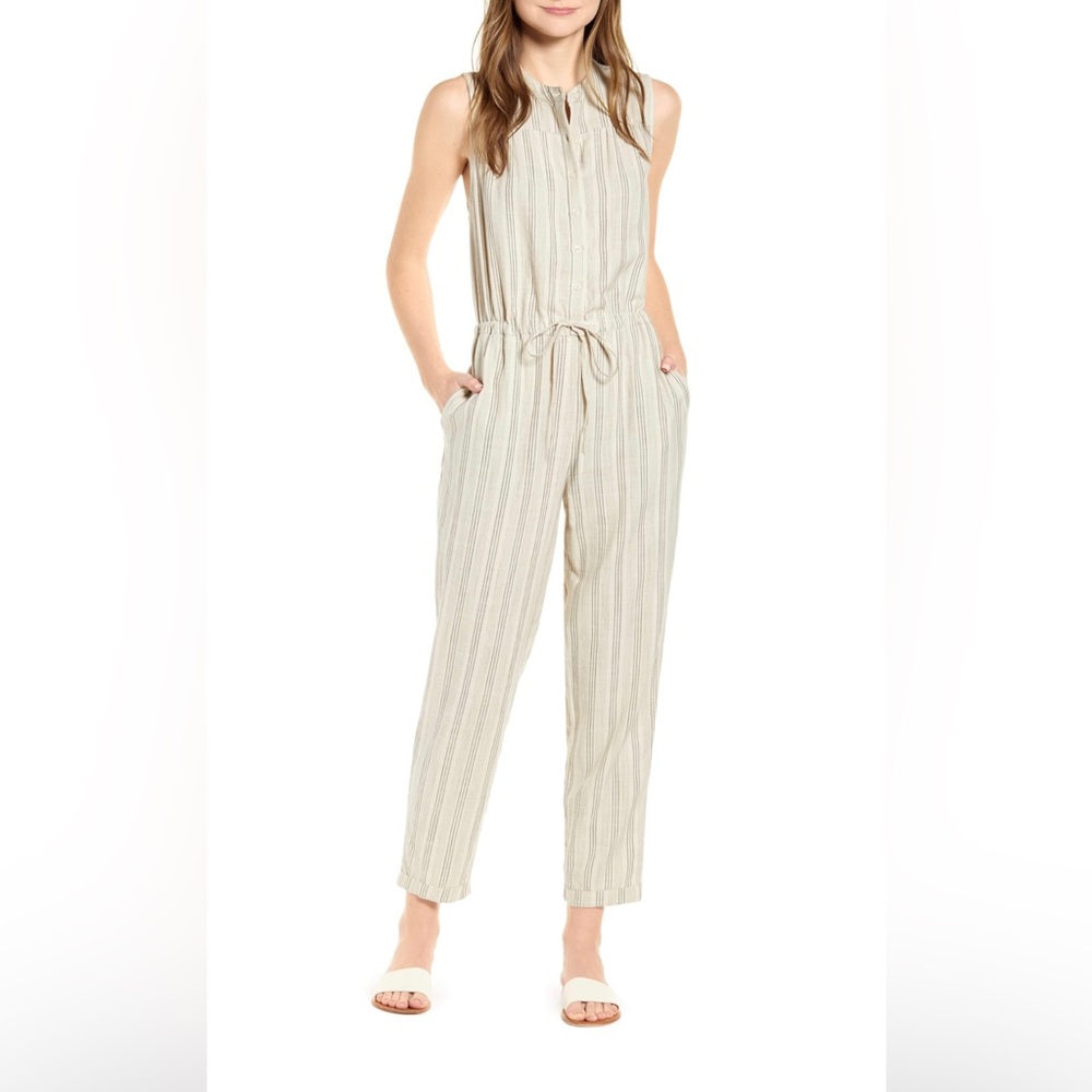 Lucky Brand sleeveless one piece jumpsuit. Tan Striped, size large